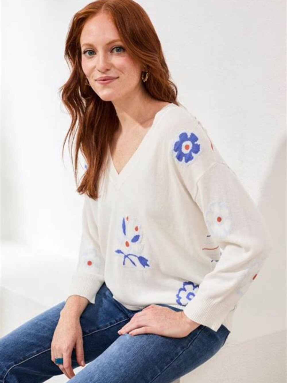 NWT Tribal Jeans Floral Intarsia V-Neck Knit Sweater - Size XS / TP